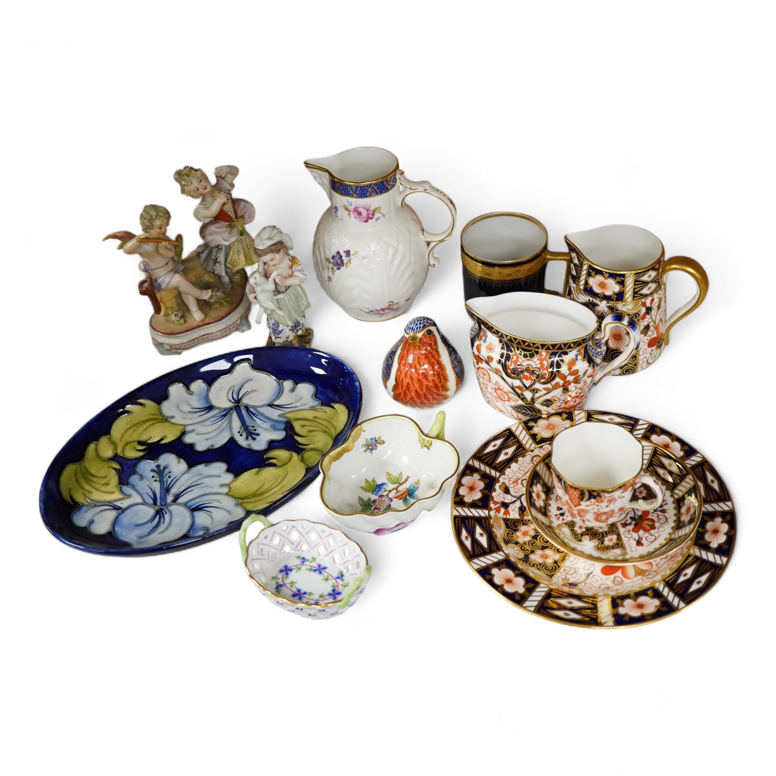 Assorted porcelain to include a Moorcroft oval dish - 23cm long, a collection of Royal Crown Derby teaware and a Robin paper weight, two Herend dishes etc